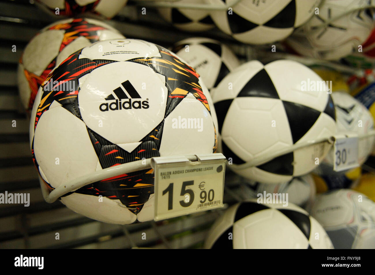 Close up of Addidas Football on sale in a Carrefour Hypermarket Malaga  Spain Stock Photo - Alamy