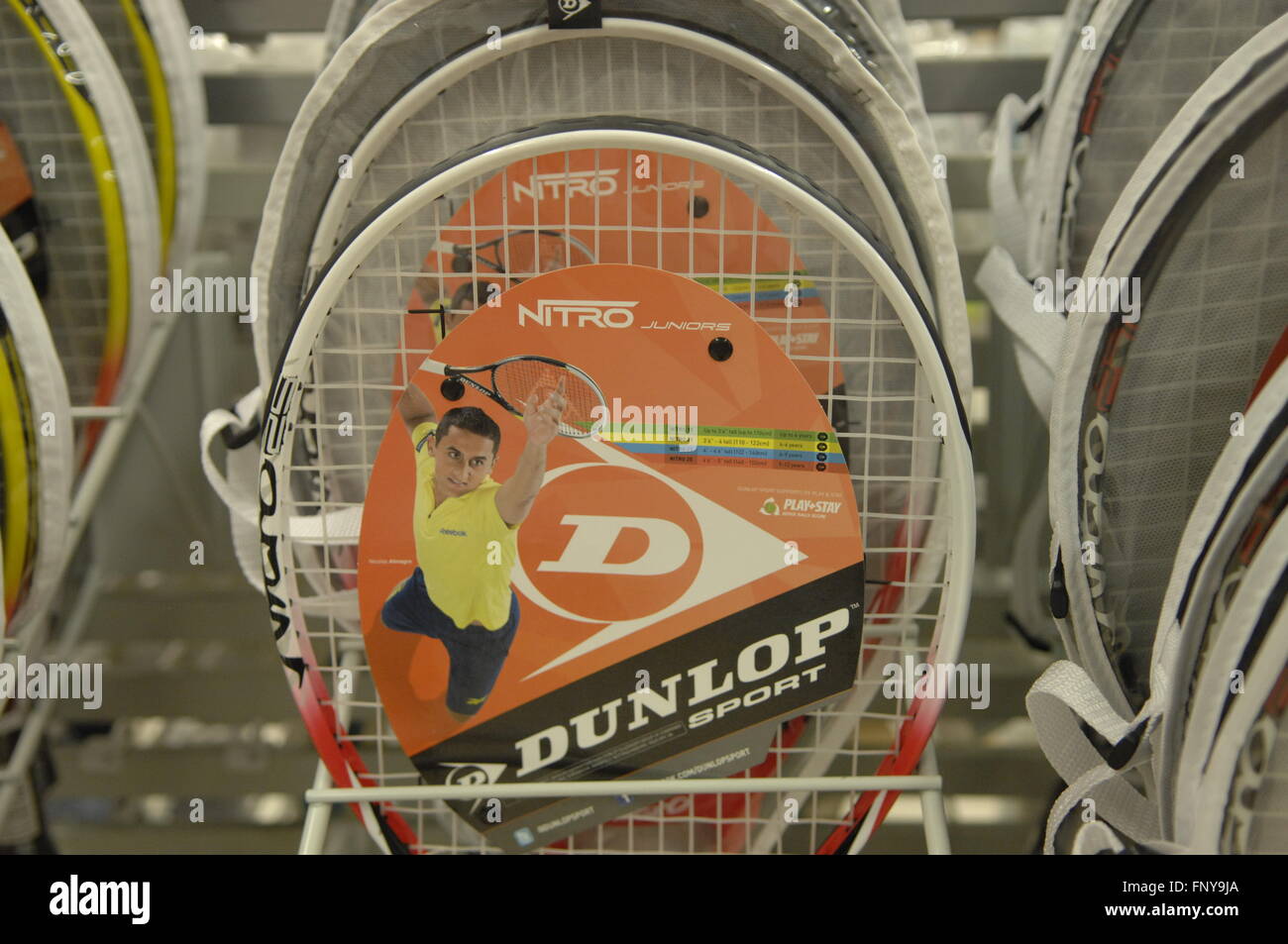 Dunlop Sport Tennis Rackets on sale at a Carrefour Hypermarket Malaga Spain. Stock Photo