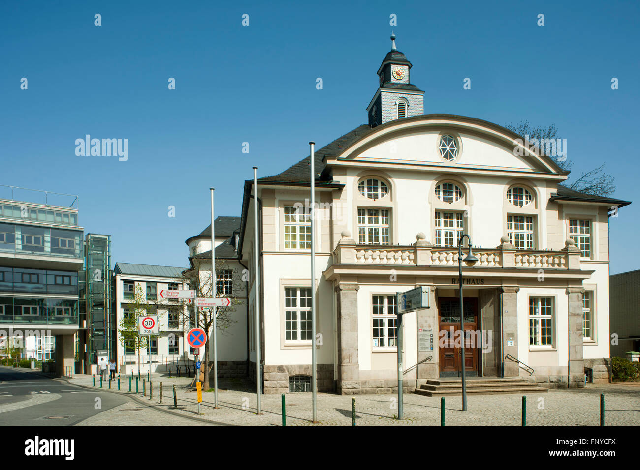 Germany, North Rhine-Westphalia, Rhein-Sieg-District, Hennef, Frankfurter Strasse, Historical Townhall Stock Photo