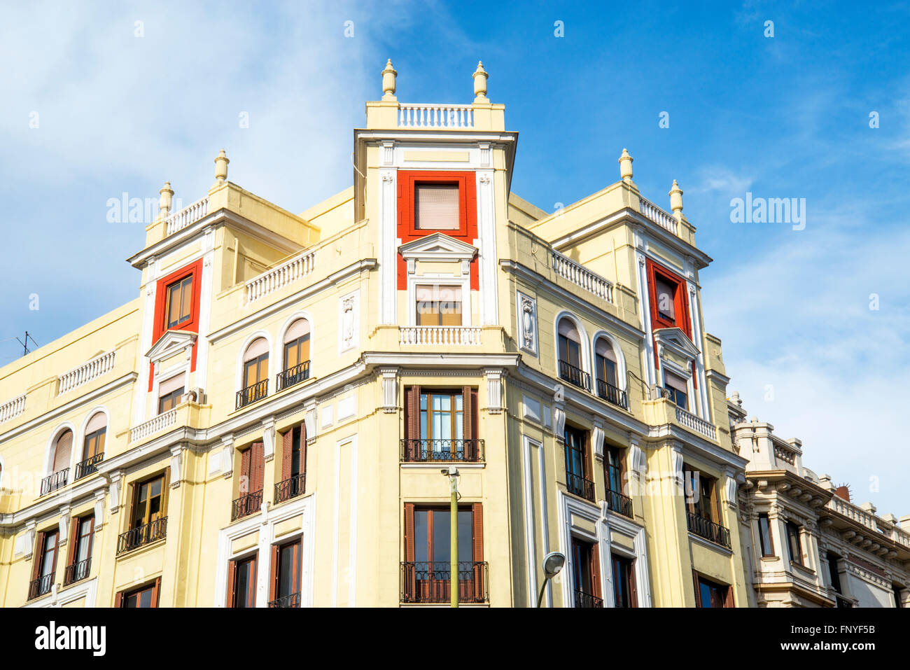 Facade of building, close view. Conde Peñalver street corner to Goya street, Madrid, Spain. Stock Photo