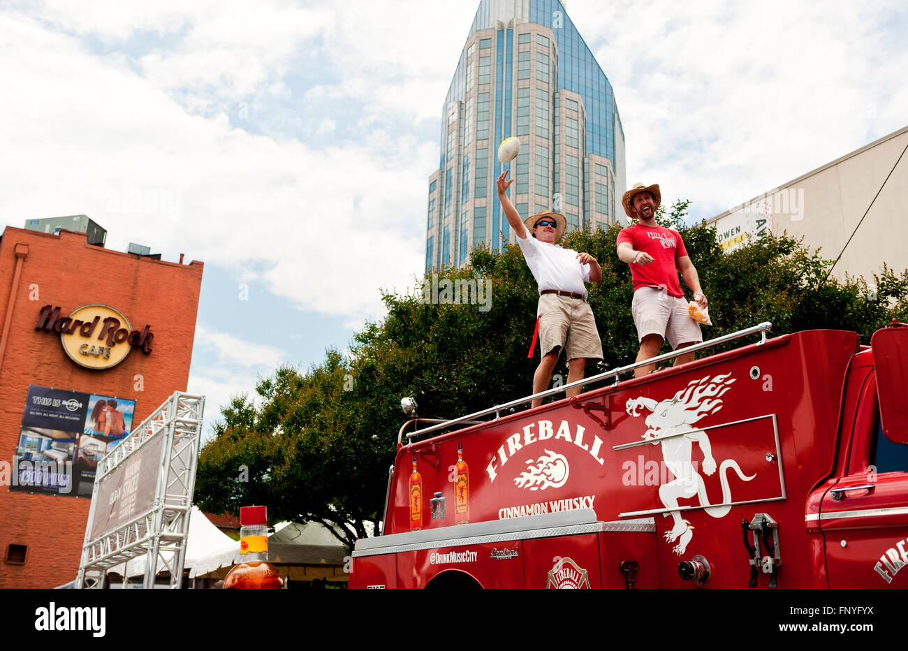 Two Guys on the Fireball Whiskey truck during the 2015 CMA Festival outside of the Hard Rock Cafe in Nashville Tennessee Stock Photo