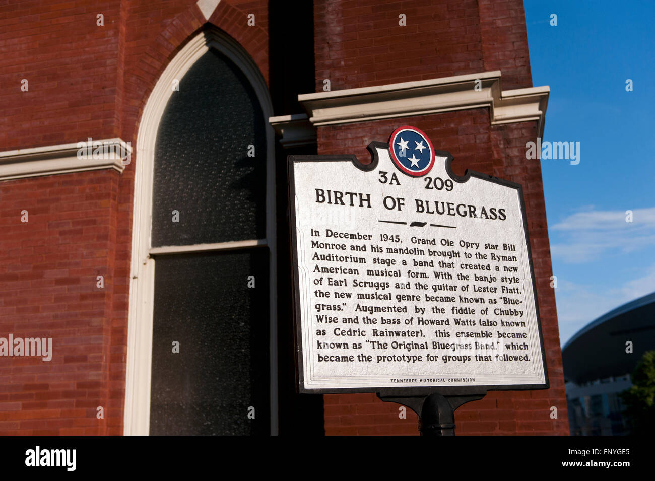A plaque in front of The Ryman Auditorium in Nashville, Tennessee commemorating it as the 'Home of Bluegrass' music Stock Photo