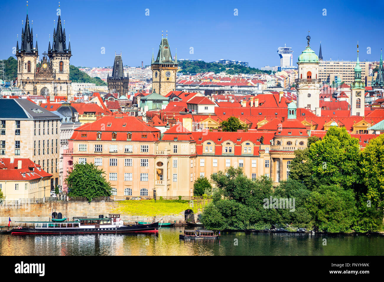 Prague, Czech Republic. Scenic summer aerial view of the Old Town pier architecture over Vltava river in Prague, Czech Republic Stock Photo