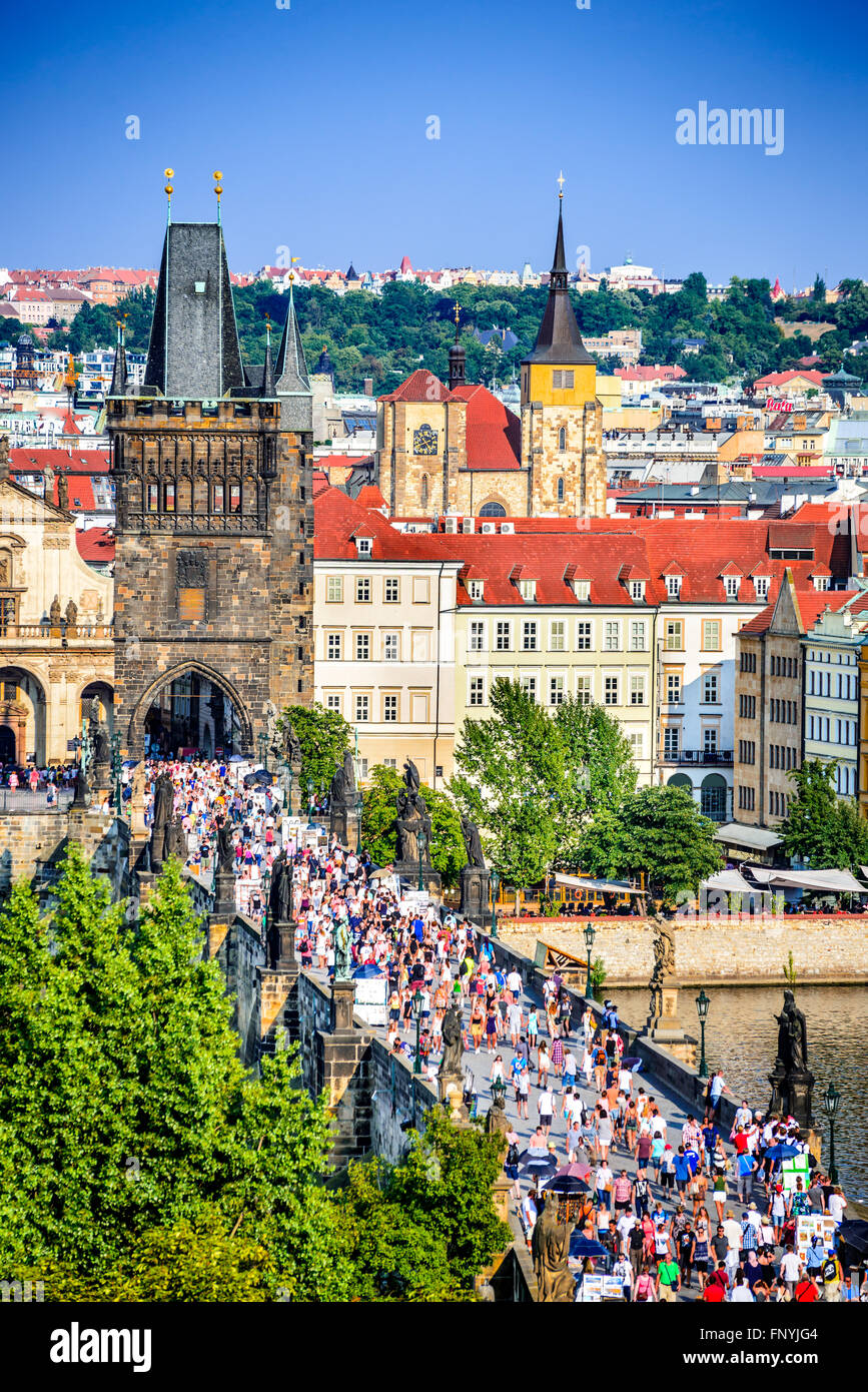 Prague, Czech Republic. Scenic summer aerial view of the Old Town pier architecture and Charles Bridge over Vltava river in Prag Stock Photo
