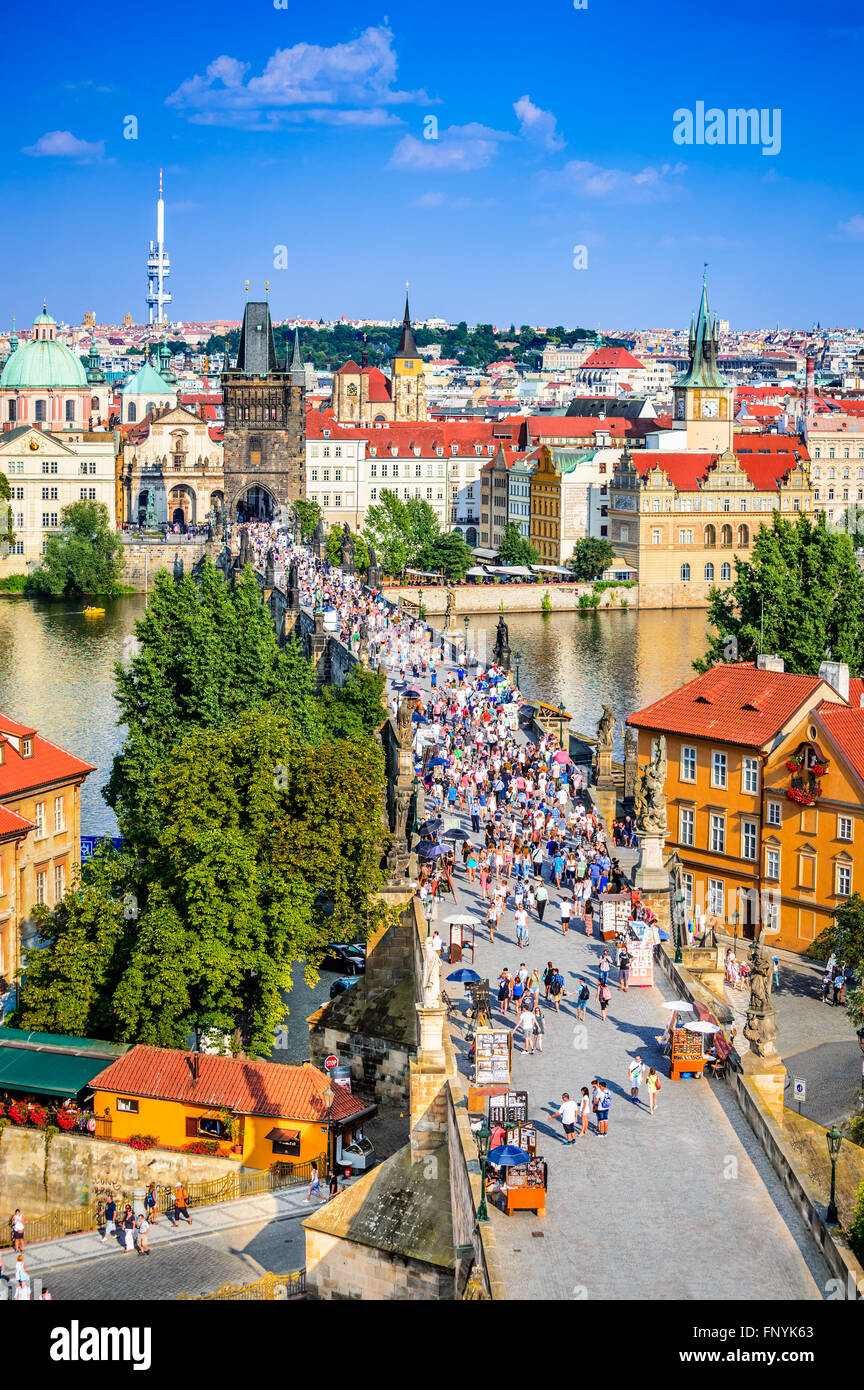 Prague, Czech Republic. Scenic summer aerial view of the Old Town pier architecture and Charles Bridge over Vltava river in Prag Stock Photo