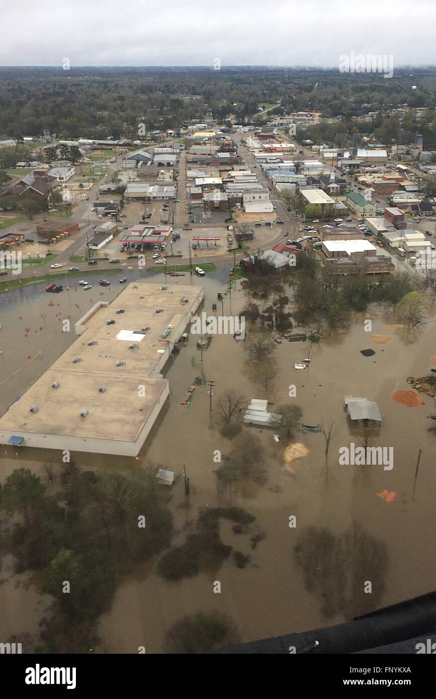 Aerial view of homes and a shopping center submerged in floodwaters after record breaking storms dumped rain across the deep south March 11, 2016 in Franklinton, Louisiana. Stock Photo
