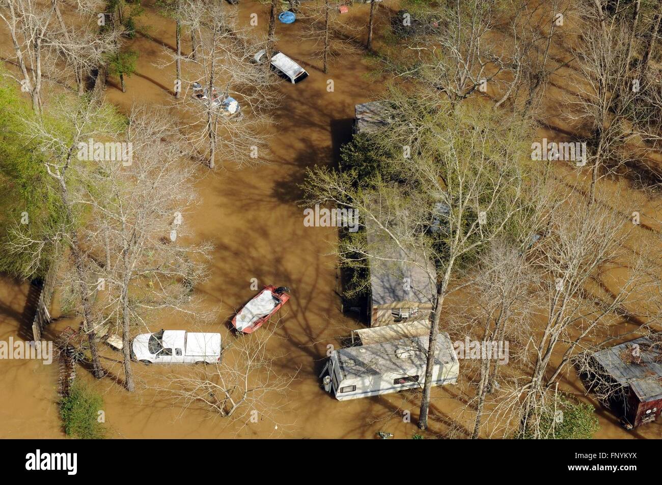 Aerial view of homes submerged in floodwaters along the Pearl and Leaf Rivers after record breaking storms dumped rain across the deep south March 13, 2016 in St. Tammany Parish, Louisiana. Stock Photo