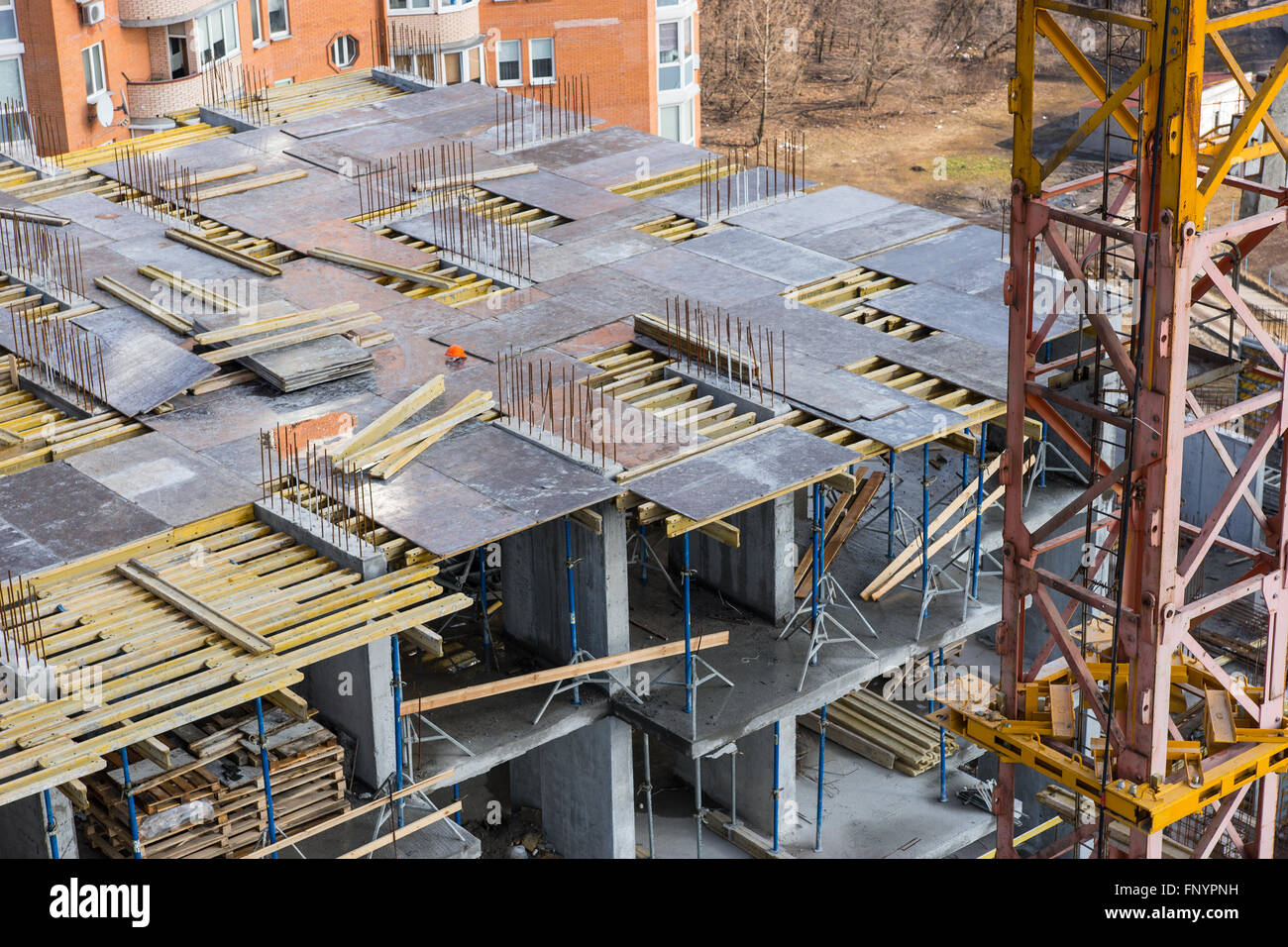 View of large high rise apartment building framework in the process of