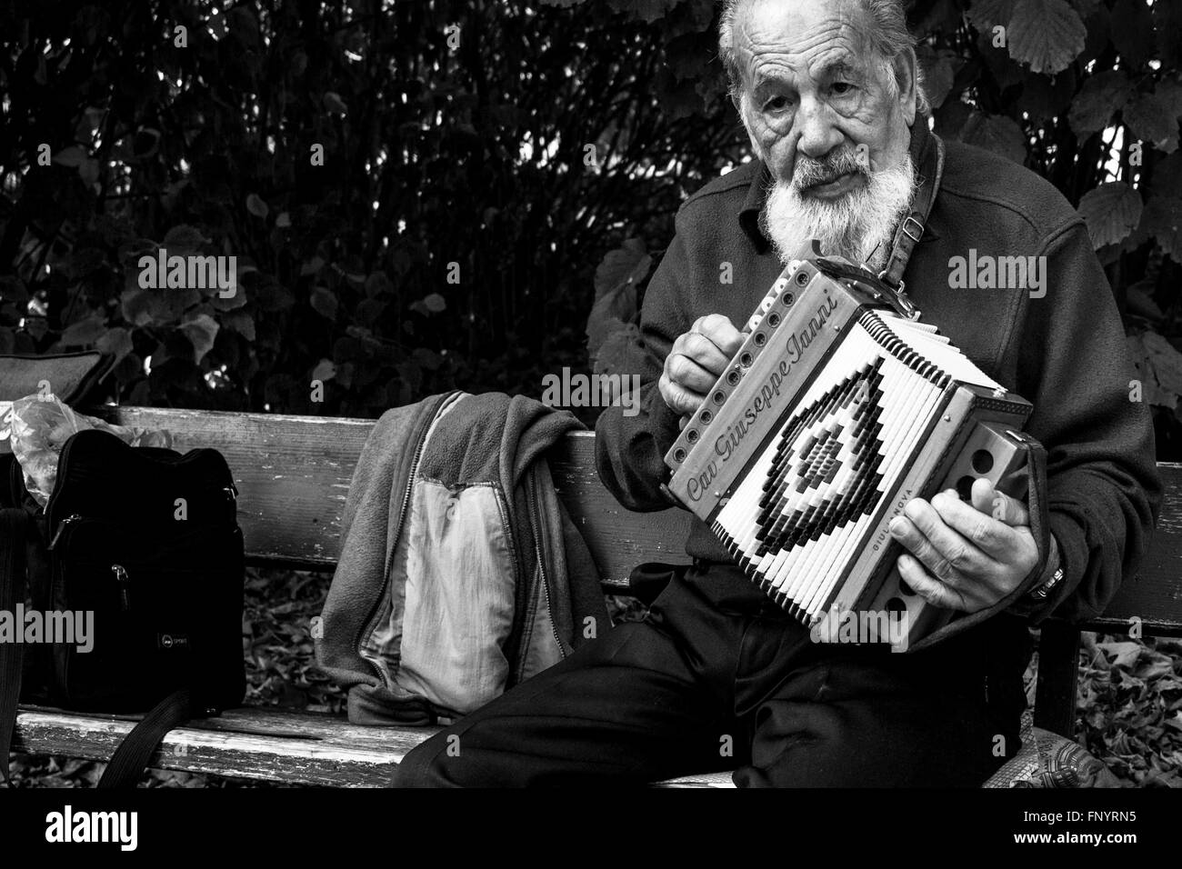 Old man playing music with his instruments on the street. Torino, Italy, 2015. Stock Photo
