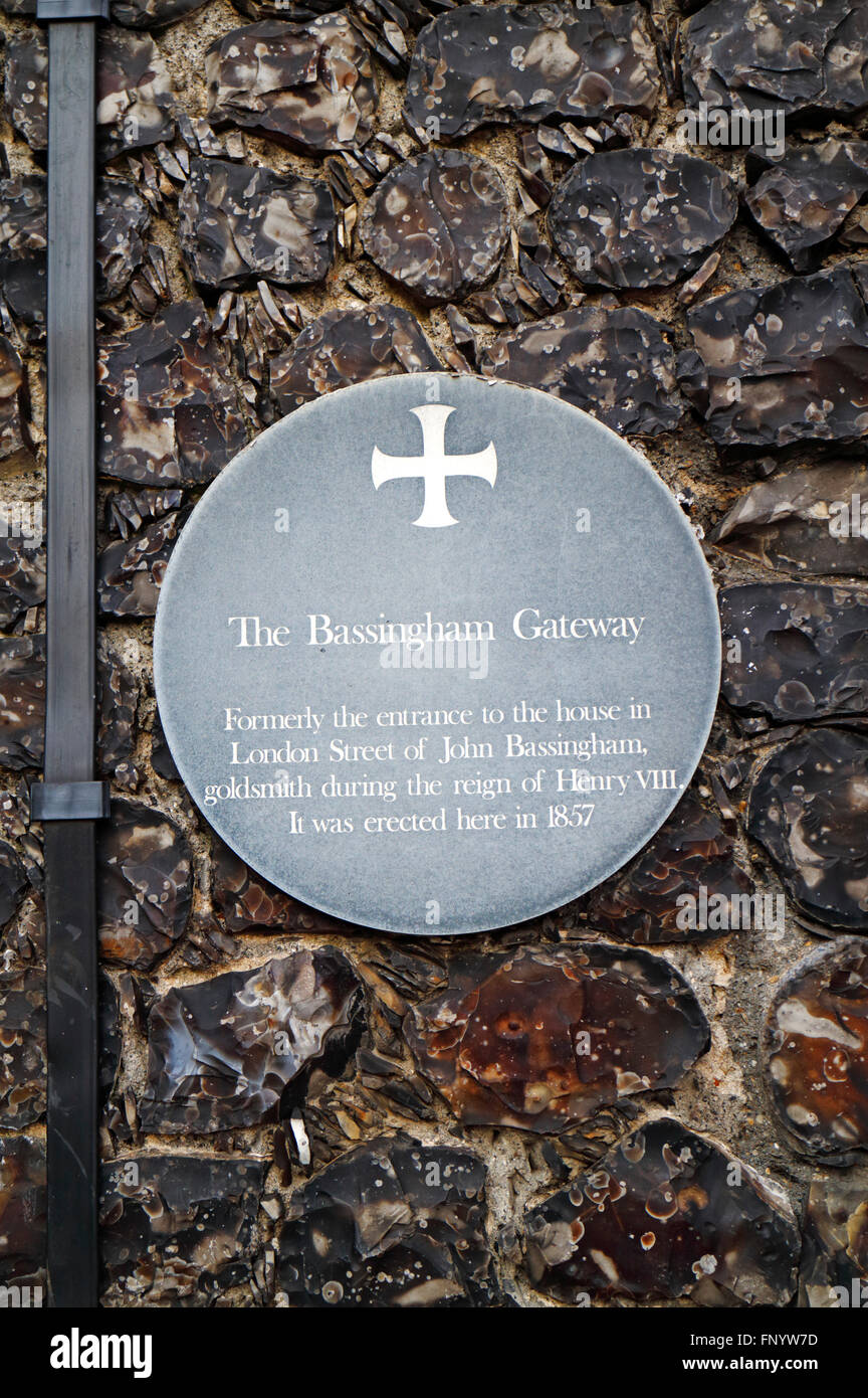 A wall plaque at the Guildhall to recognise the historic Bassingham Gate in Norwich, Norfolk, England, United Kingdom. Stock Photo