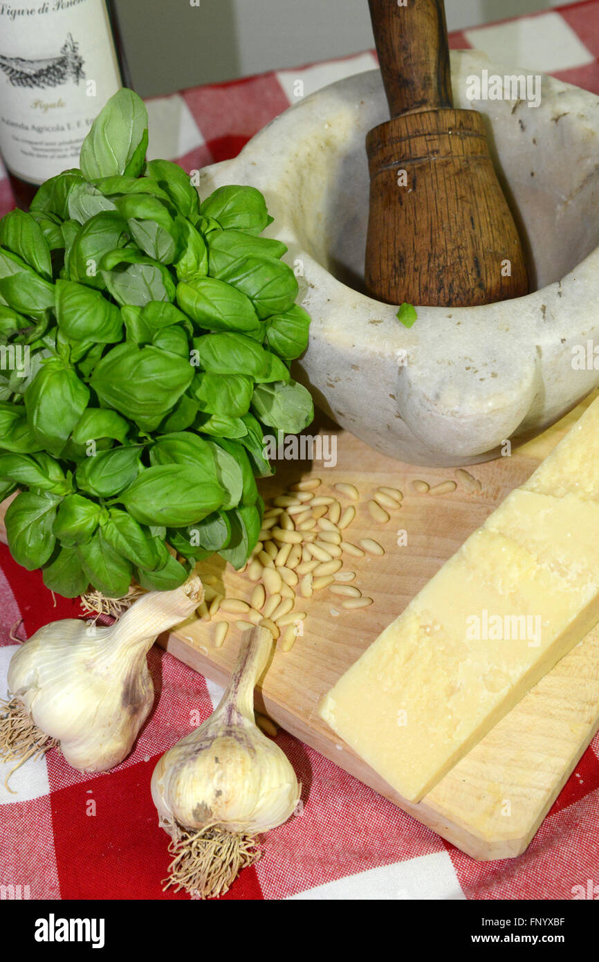 Ingredients for traditional ligurian pesto sauce, Ligury, Italy Stock Photo