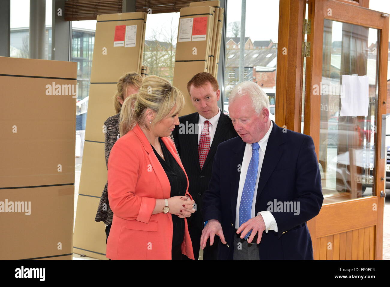Dungannon, United Kingdom. 16th Mar, 2016. Michelle O'Neill, Minister of Agriculture and Rural Development visited the Linen Green Retail complex in Moygashel, Dungannon and spoke with Sean T Hughes, Director of Sales at The Design Yard. © Mark Winter/Pacific Press/Alamy Live News Stock Photo