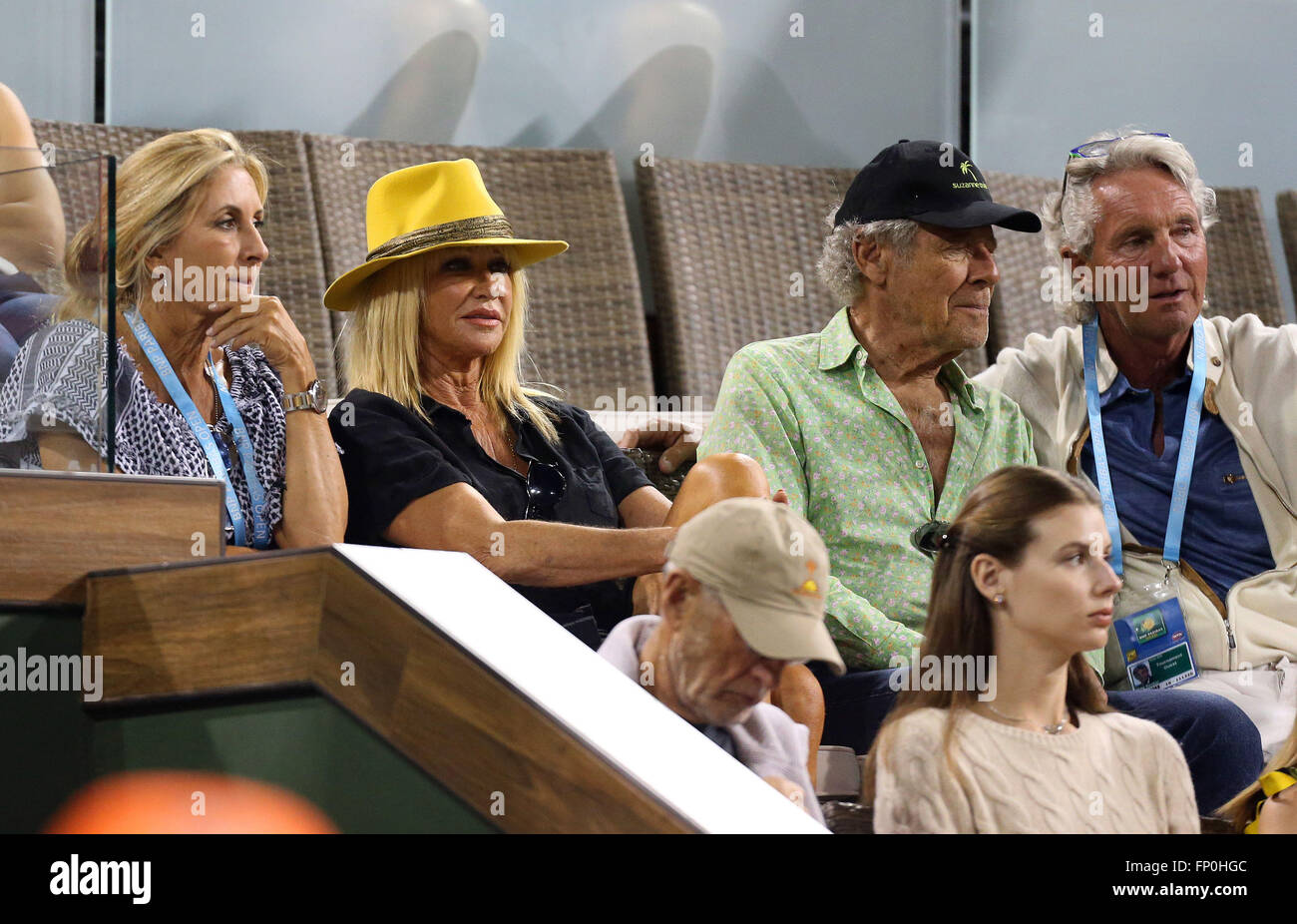 Indian Wells, California, USA. 15th Mar, 2016. Suzanne Somers watches Novak Djokovic of Serbia play Philipp Kohlschreiber of Germany during the 2016 BNP Paribas Open at Indian Wells Tennis Garden in Indian Wells, California. Charles Baus/CSM/Alamy Live News Stock Photo
