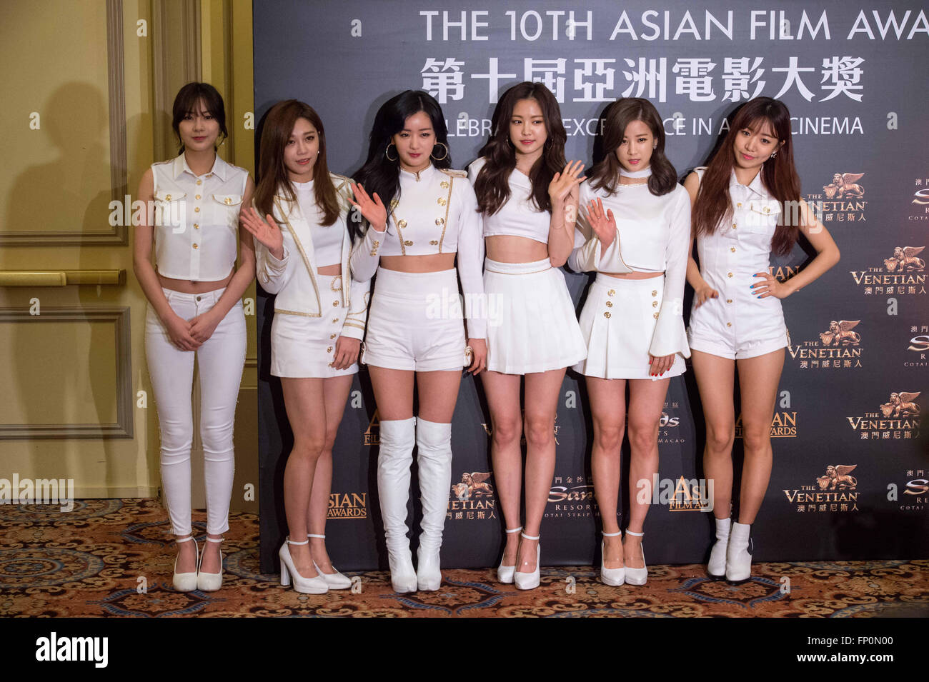 Hong Kong, Macau SAR, China. 17th Mar, 2016. Korean girl band APINK speaks to the gathered press at the 10th Asian Film awards press conference. © Jayne Russell/ZUMA Wire/Alamy Live News Stock Photo