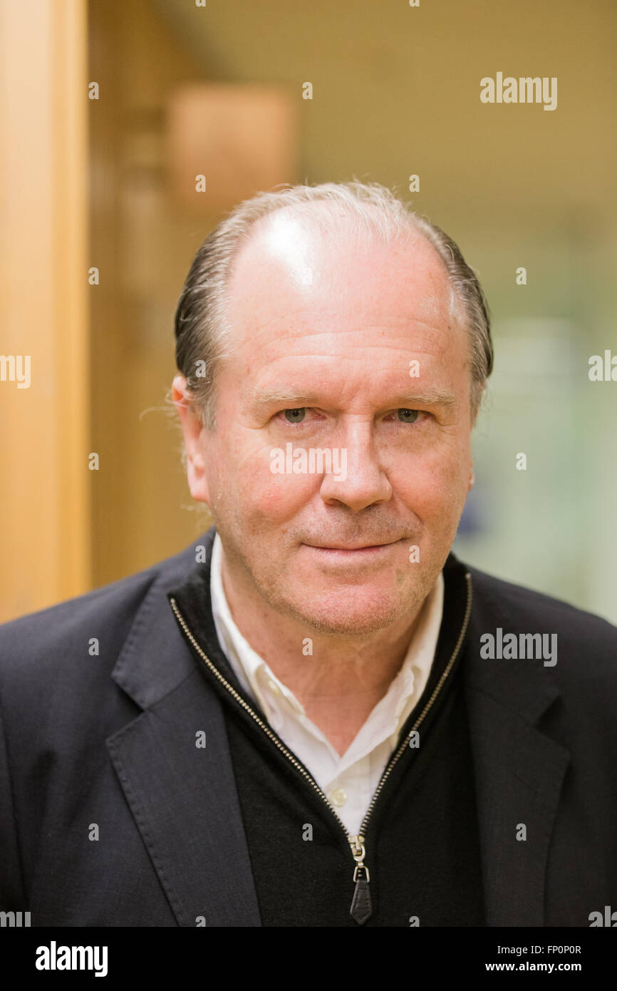 Scottish author William Boyd posing at the Lit.Cologne literature festival in Cologne, Germany, 16 march 2016. According to the organisers, Lit.Cologne is the biggest literature festival in Europe, ending on 19 March 2016. Photo: Rolf Vennenbernd/dpa Stock Photo