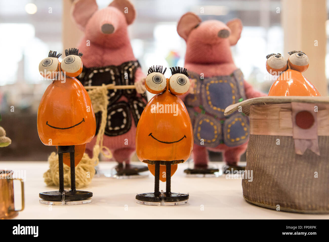 London, UK. 17th March 2016. Froglets from The Clangers seen on display during a press view of 'The Clangers, Bagpuss & Co.' at the V&A Museum of Childhood in Bethnal Green, London.  The free exhibition runs from 19 March to 9 October 2016 Credit:  London pix/Alamy Live News Stock Photo