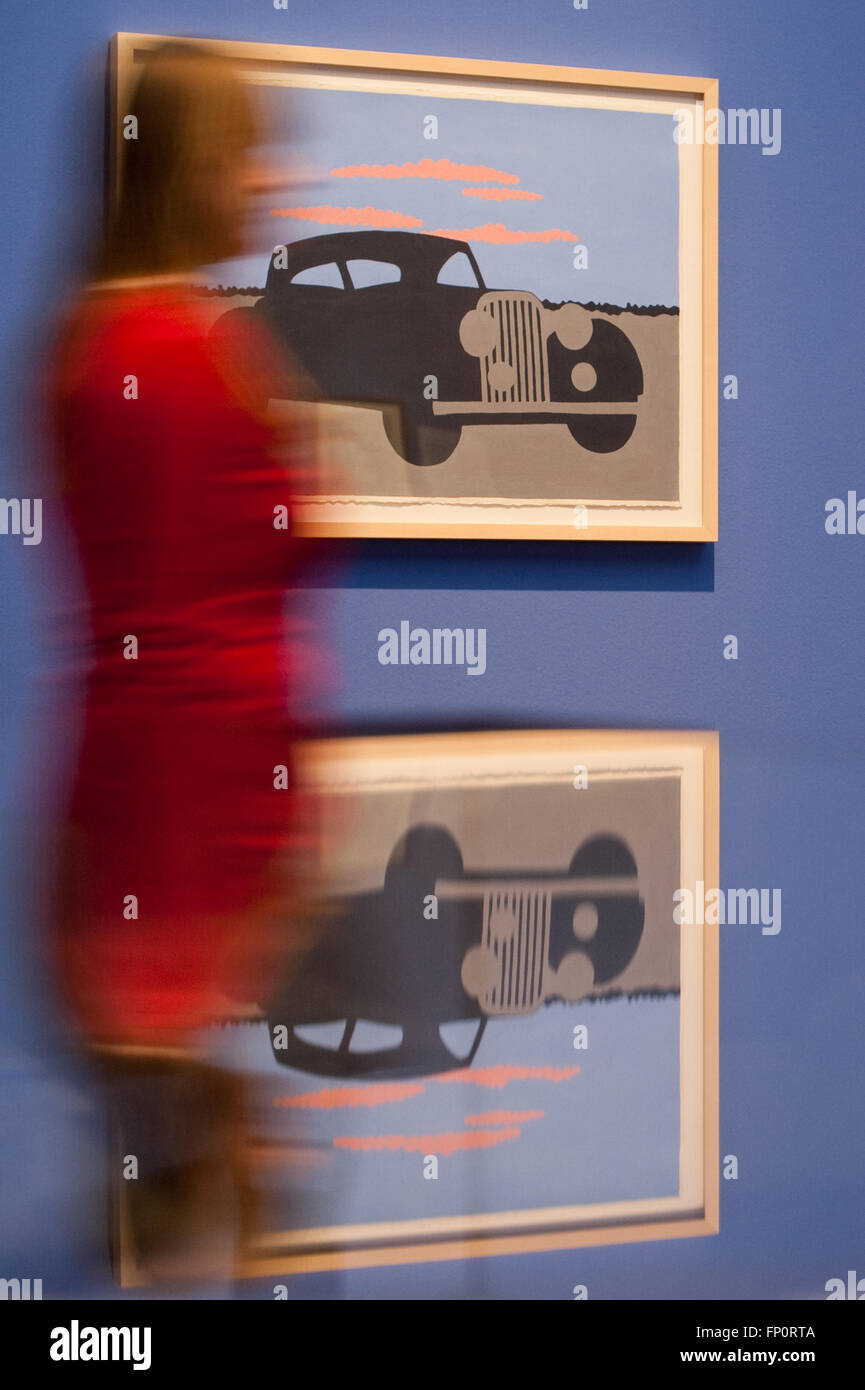 Berlin, Germany. 17th Mar, 2016. A woman walking past the painting 'Black Car' by Gouache from 1989 at the exhibition 'Wir suchen das Weite' (lit. 'We're taking our heels') at the Kpuferstichkabinett in Berlin, Germany, 17 March 2016. The exhibition displays travel pictures from five centuries. The exhibition is open from 18 March 2016 to 25 September 2016. PHOTO: KLAUS-DIETMAR GABBERT/dpa/Alamy Live News Stock Photo