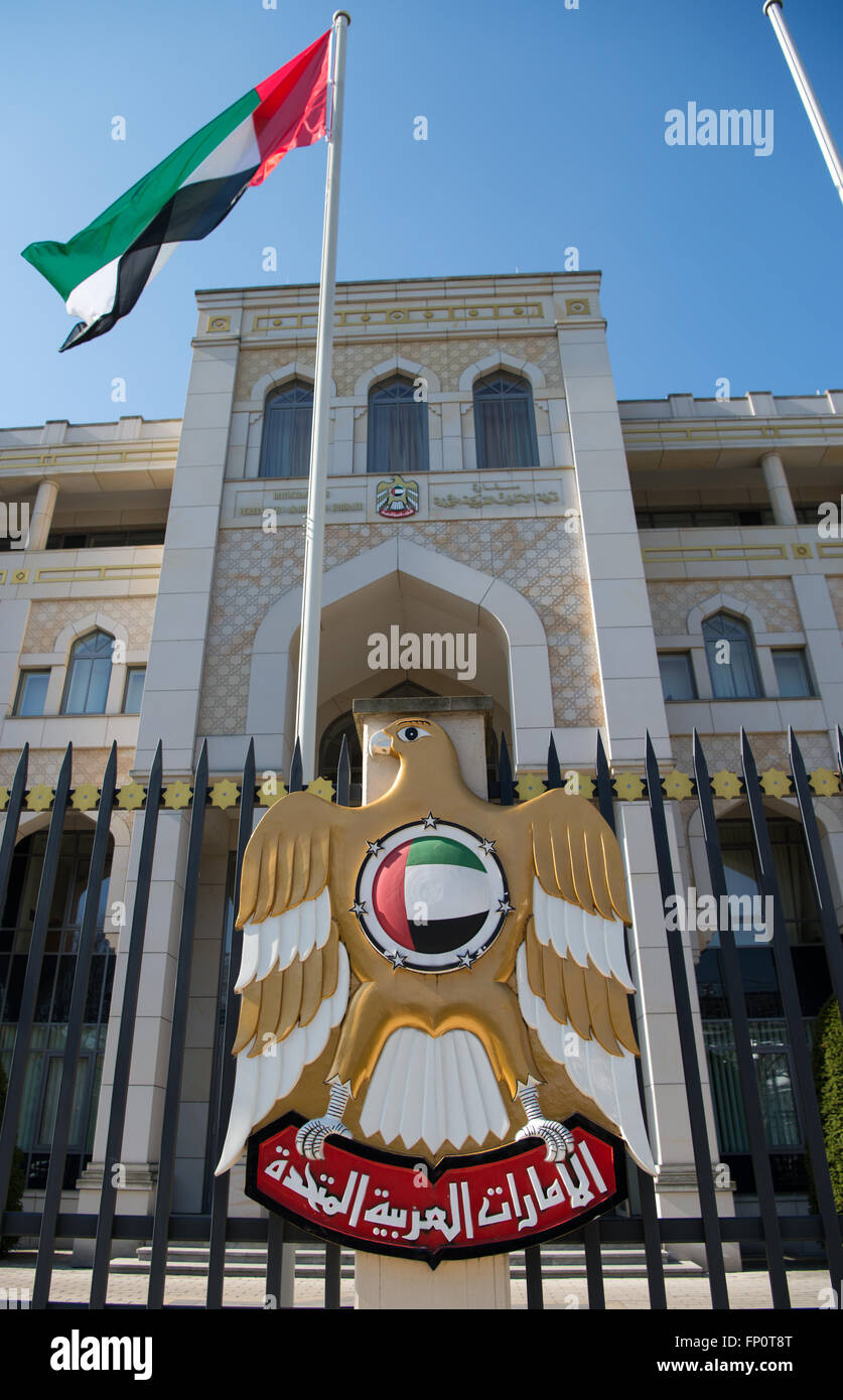 Berlin, Germany. 17th Mar, 2016. A coat of arms on the fence outside the embassy of the United Arab Emirates, in Berlin, Germany, 17 March 2016. PHOTO: BERND VON JUTRCZENKA/DPA/Alamy Live News Stock Photo