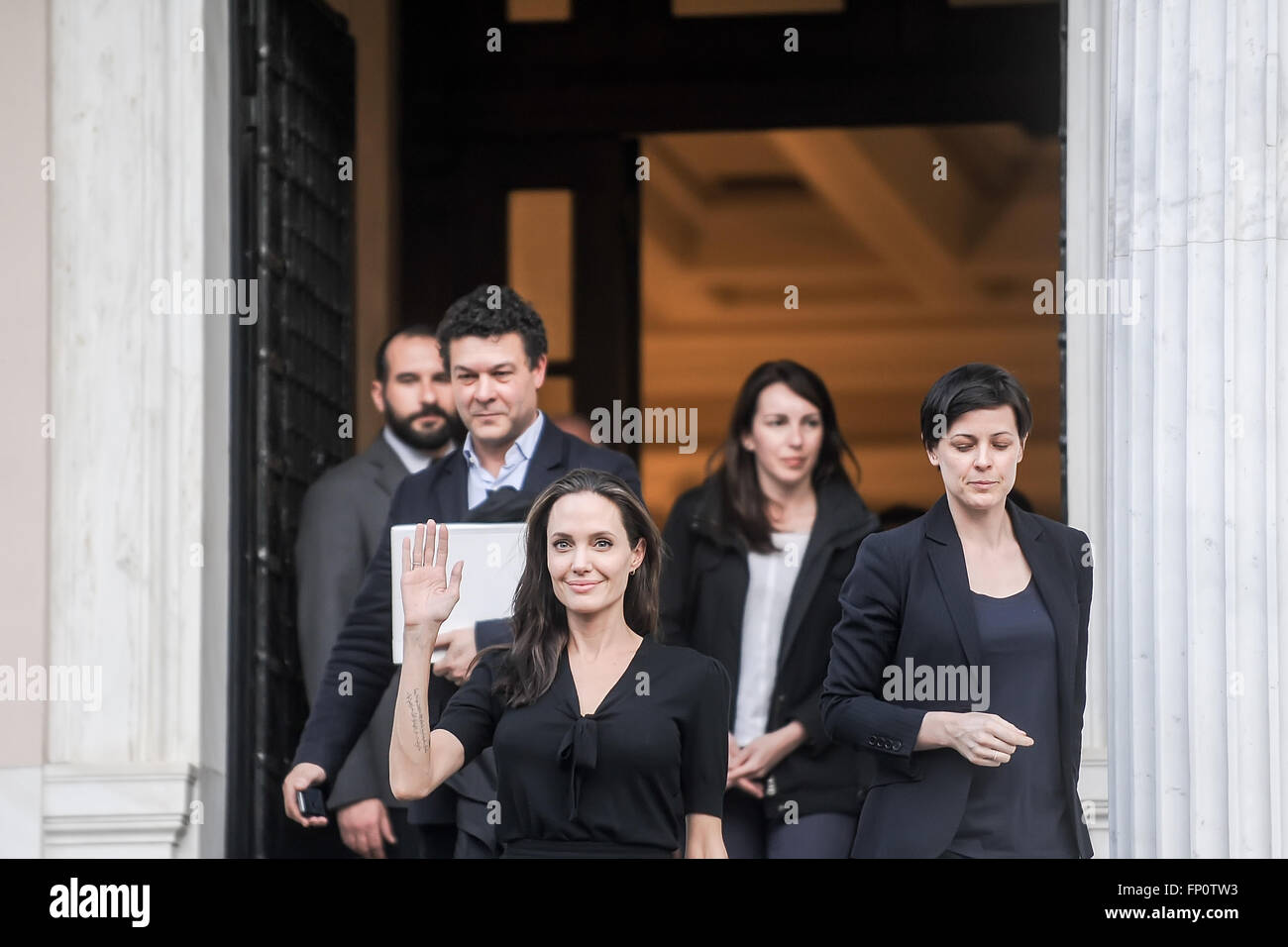 Athens, Greece - March 16, 2016: Hollywood star and UN refugee agency envoy Angelina Jolie leaves the Greek Prime minister's office in Athens following a meeting with Greek Prime minister Credit:  VASILIS VERVERIDIS/Alamy Live News Stock Photo