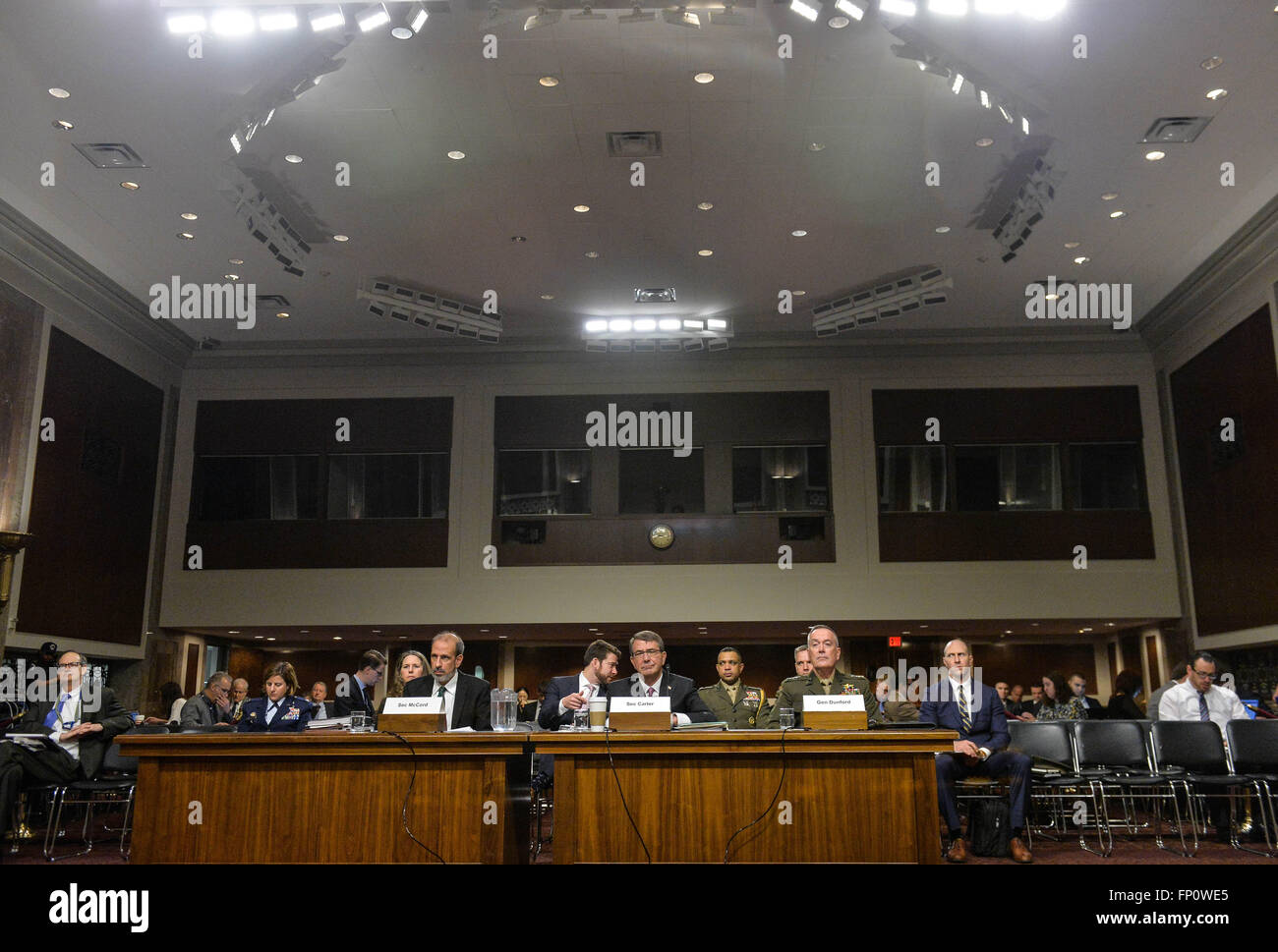 Washington, DC, USA. 17th Mar, 2016. U.S. Secretary of Defense Ashton Carter(C) testifies to Senate Armed Services Committee in the hearing on budget posture on Capitol Hill in Washington, DC, capital of the United States, March 17, 2016. © Bao Dandan/Xinhua/Alamy Live News Stock Photo