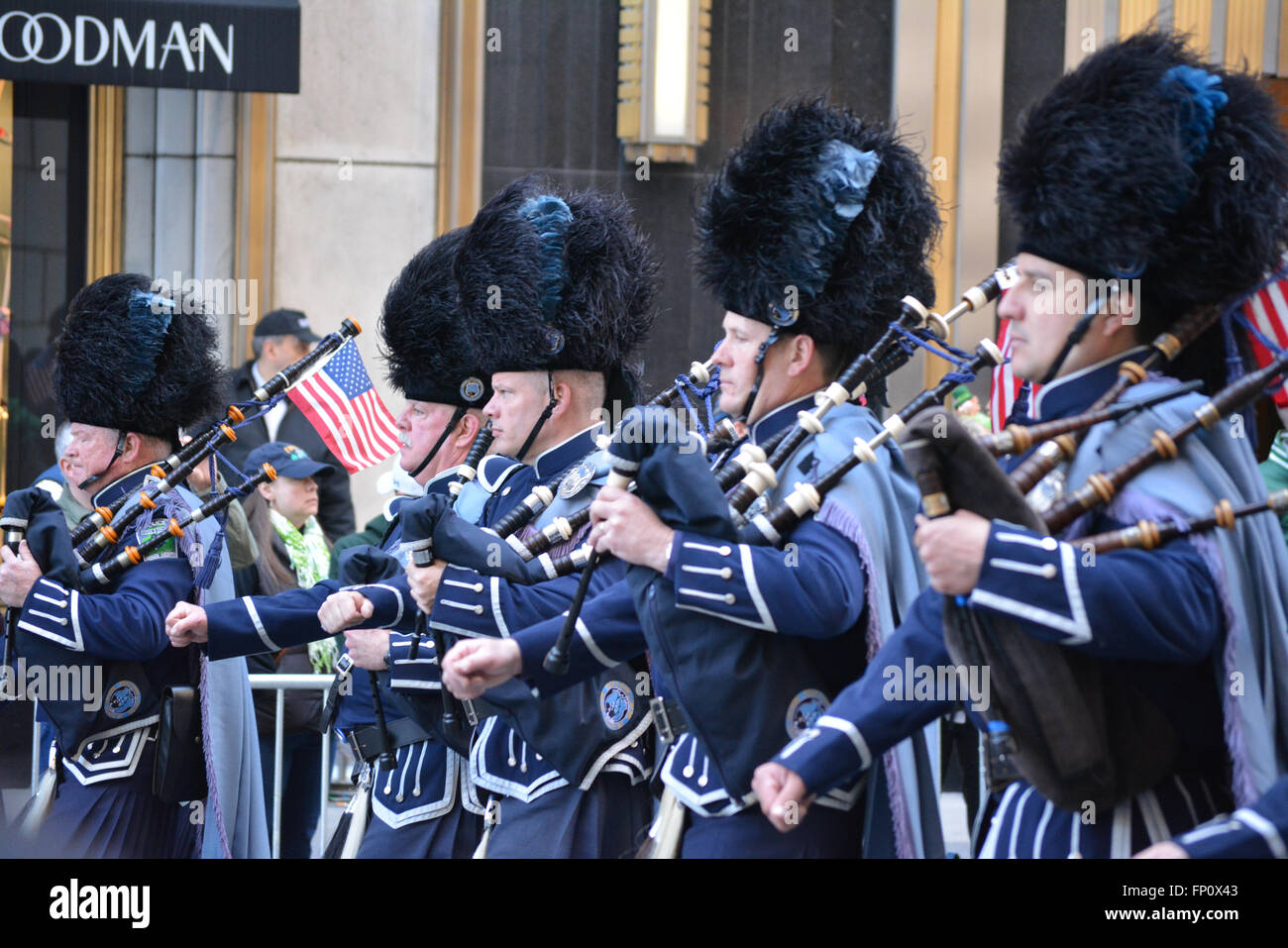 New York, USA. 16th Mar, 2016. Bagpipers marching in the New York City St. Patrick's Day Parade. Credit:  Christopher Penler/Alamy Live News Stock Photo