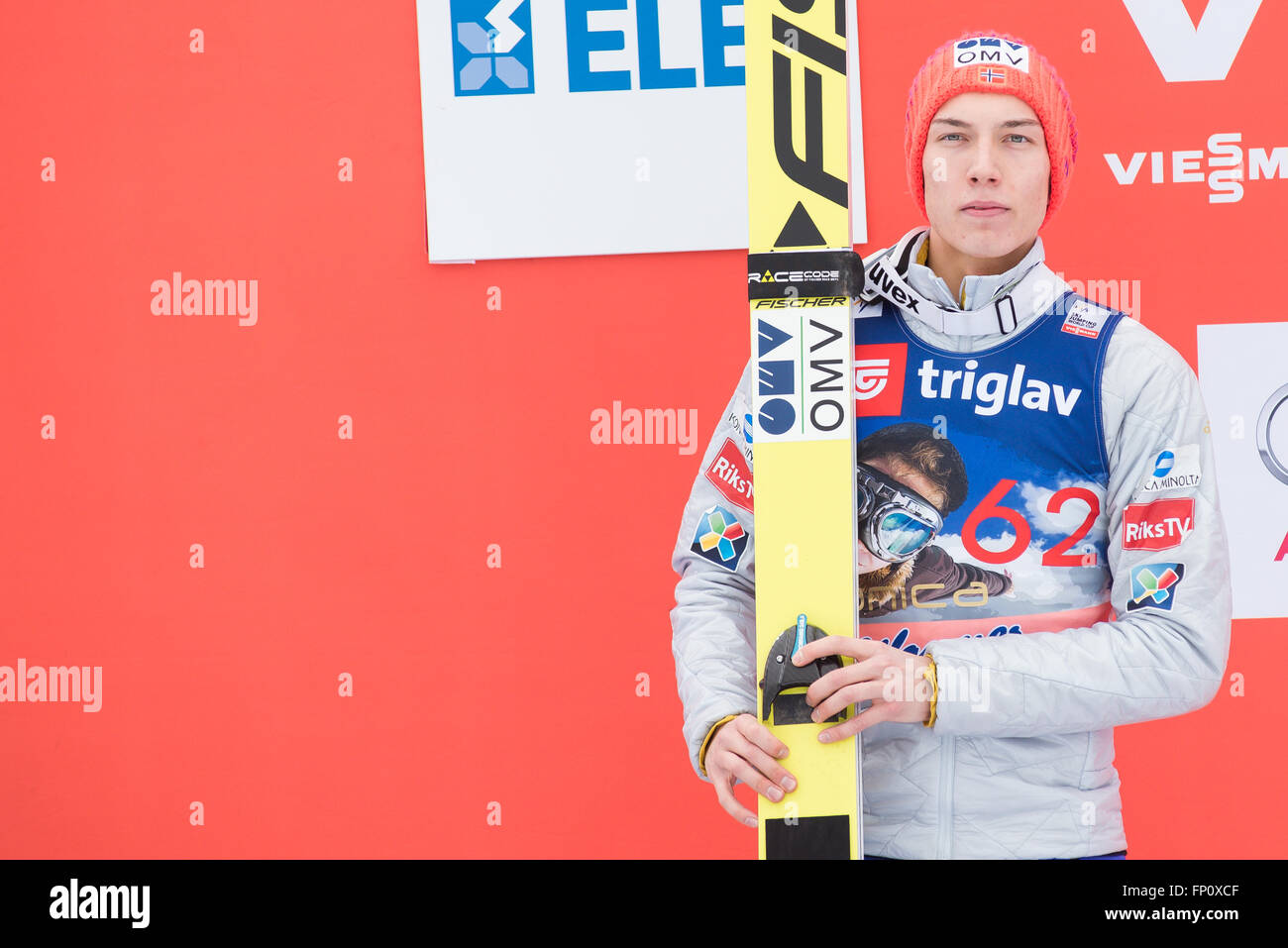 Planica, Slovenia. 17th Mar, 2016. Johann Andre Forfang of Norway on podium celebrating his second place at the Planica FIS Ski Jumping World Cup final in Planica, Slovenia on March 17, 2016. © Rok Rakun/Pacific Press/Alamy Live News Stock Photo
