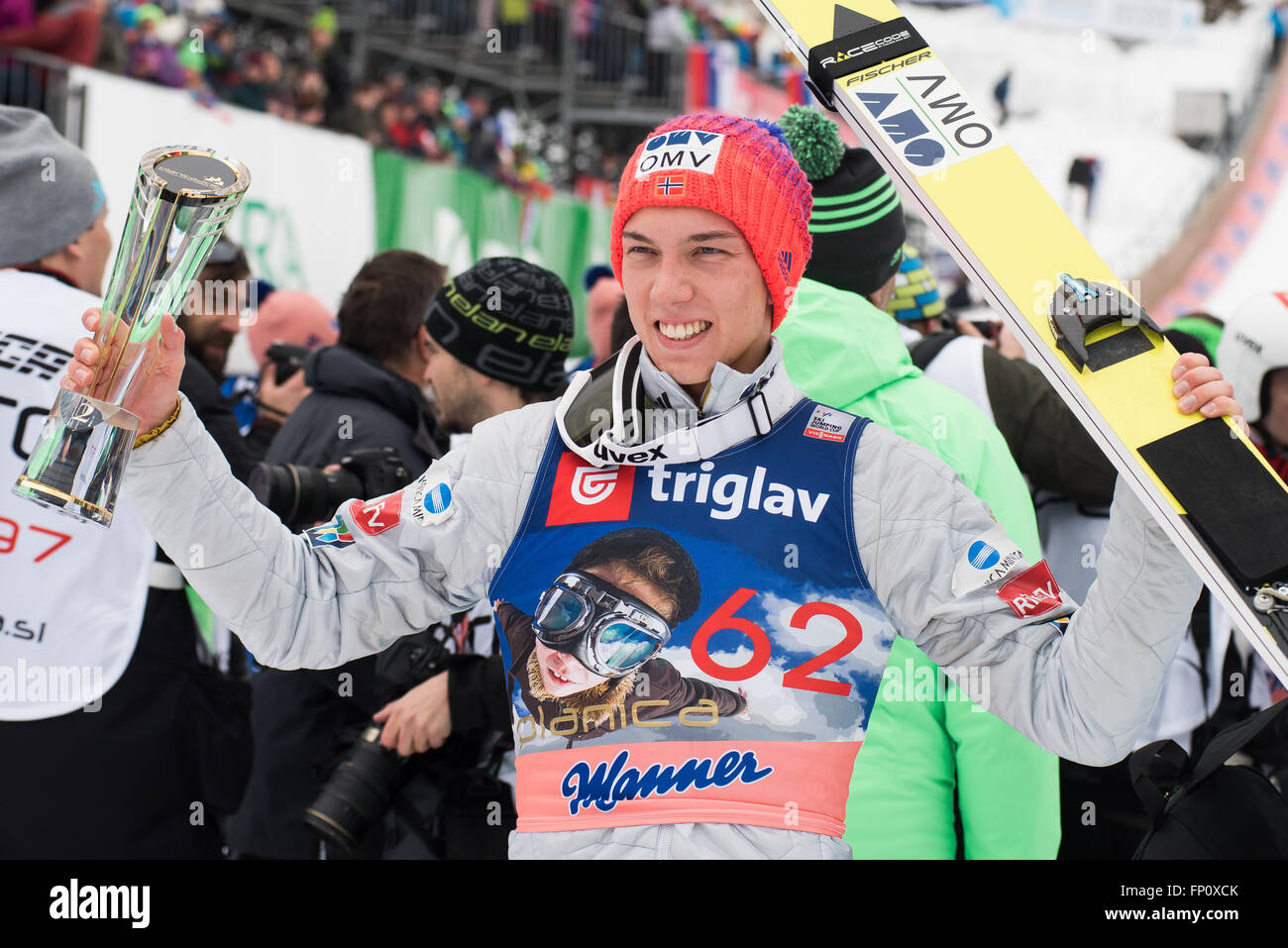 Planica, Slovenia. 17th Mar, 2016. Johann Andre Forfang of Norway celebrating his second place at the Planica FIS Ski Jumping World Cup final in Planica, Slovenia on March 17, 2016. © Rok Rakun/Pacific Press/Alamy Live News Stock Photo