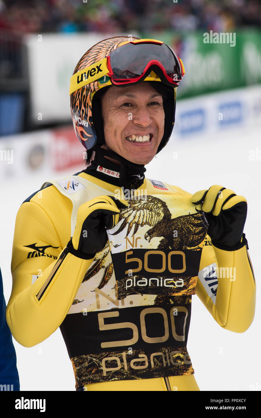 Planica, Slovenia. 17th Mar, 2016. Noriaki Kasai of Japan competes for 500 time on a World Cup competition and was handed BIB for his daughter during Planica FIS Ski Jumping World Cup final on the March 17, 2016 in Planica, Slovenia. © Rok Rakun/Pacific Press/Alamy Live News Stock Photo