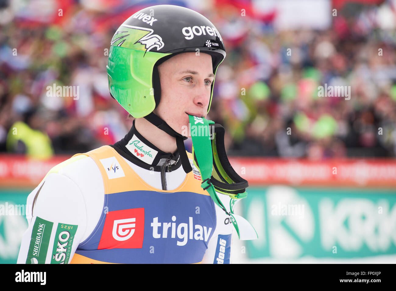 Planica, Slovenia. 17th Mar, 2016. Peter Prevc of Slovenia celebrating his first place at the Planica FIS Ski Jumping World Cup final on the March 17, 2016 in Planica, Slovenia. © Rok Rakun/Pacific Press/Alamy Live News Stock Photo