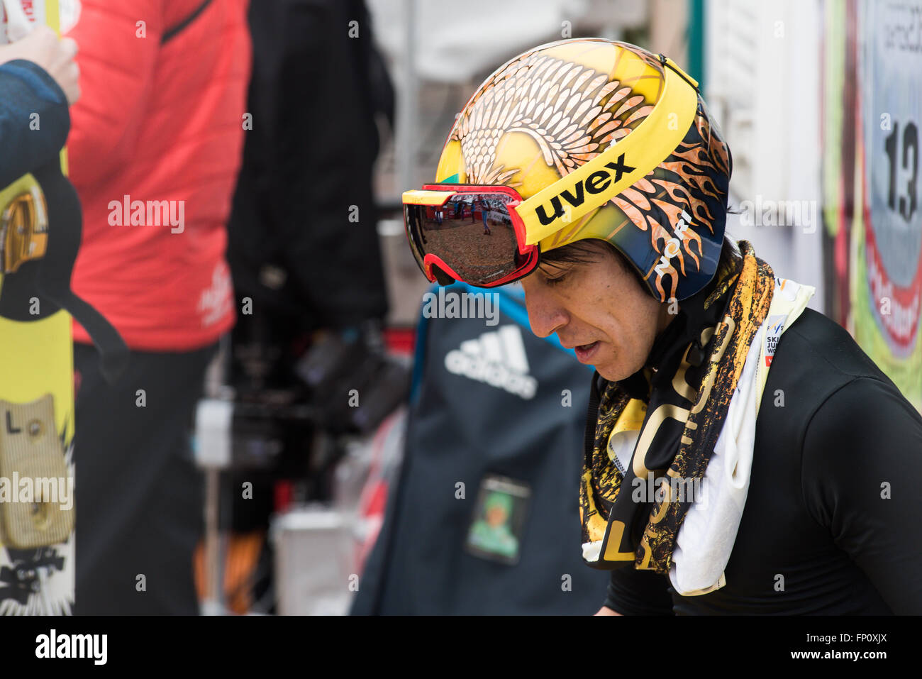 Planica, Slovenia. 17th Mar, 2016. Noriaki Kasai of Japan competes for 500 time on a World Cup competition during Planica FIS Ski Jumping World Cup final on the March 17, 2016 in Planica, Slovenia. © Rok Rakun/Pacific Press/Alamy Live News Stock Photo