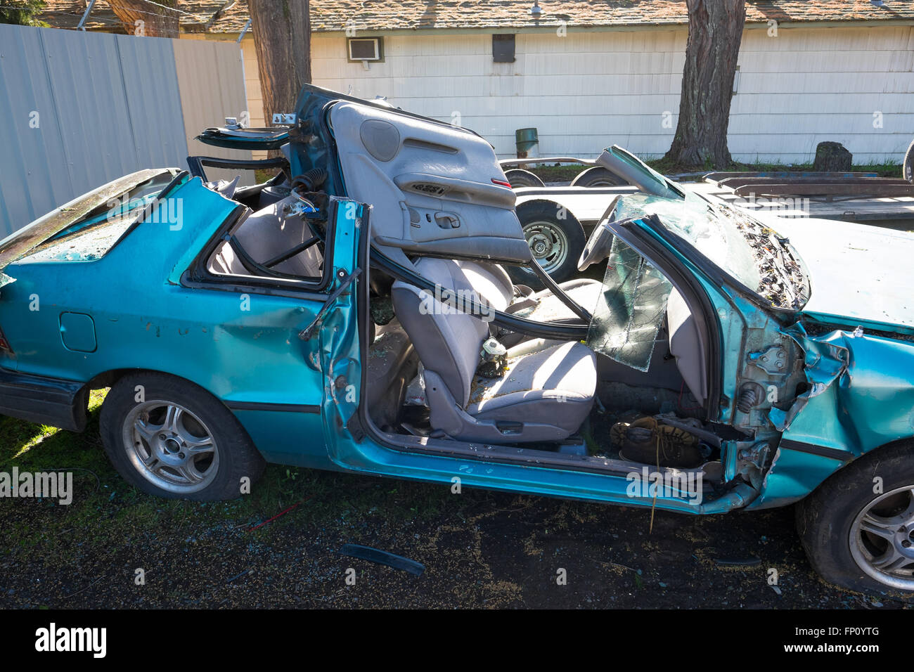 OAKRIDGE, OR - FEBRUARY 23, 2016: Doors are cut away from this vehicle after the jaws of life were used to rescue the driver ser Stock Photo