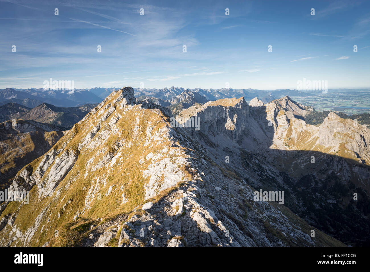 Summit ridge of Mount Hochplatte near Linderhof castle with panorama of Ammergau Alps,mountains of Lech and Tannheim valleys Stock Photo