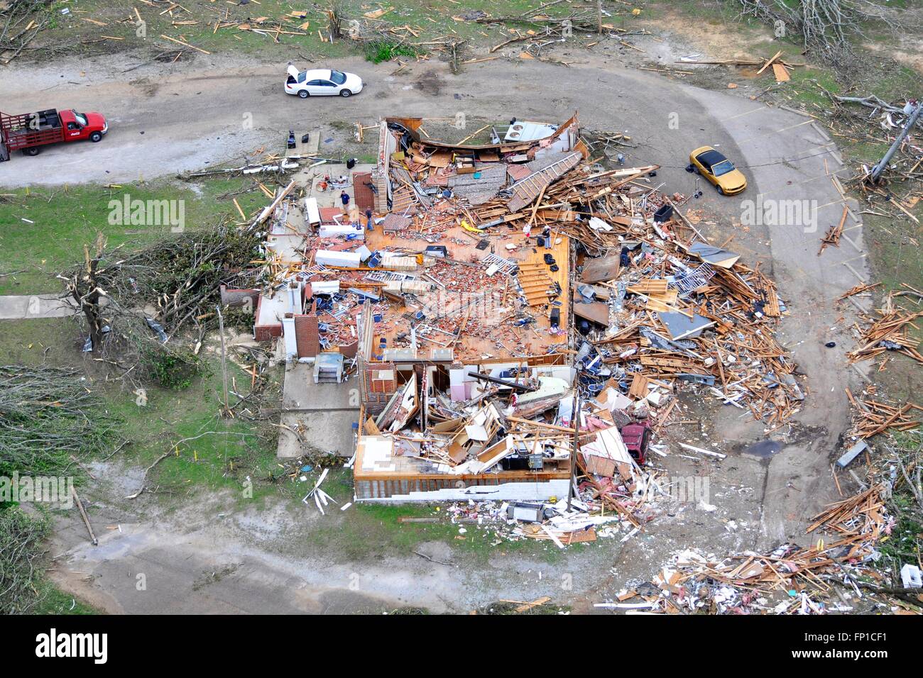 Aerial view of a home destroyed by tornadoes that swept across the southern states killing 35 people April 29, 2014 in Tupelo, Mississippi. Stock Photo