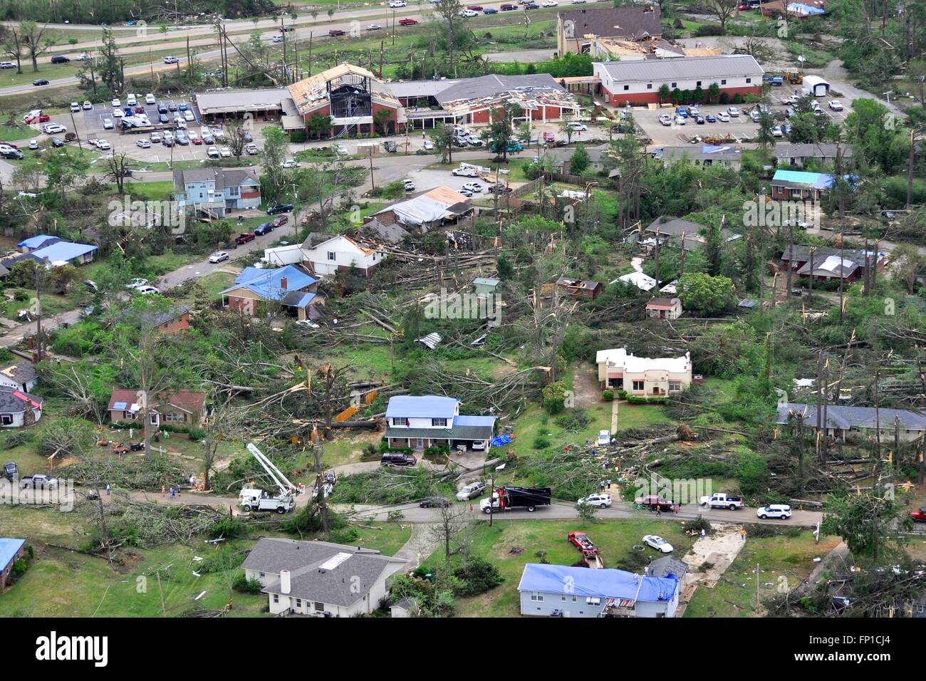 Aerial view of St. Luke United Methodist Church and homes destroyed by tornadoes that swept across the southern states killing 35 people April 29, 2014 in Tupelo, Mississippi. Stock Photo