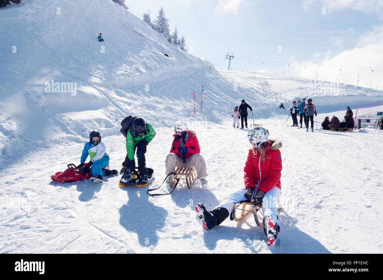 Teenagers and children sledging in the Swiss Alps at Lenk, Canton of Bern, Switzerland, Europe Stock Photo