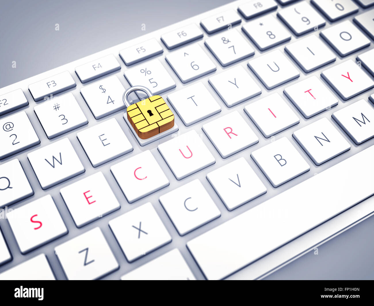 Credit card security chip as padlock on a computer keyboard , Safe and