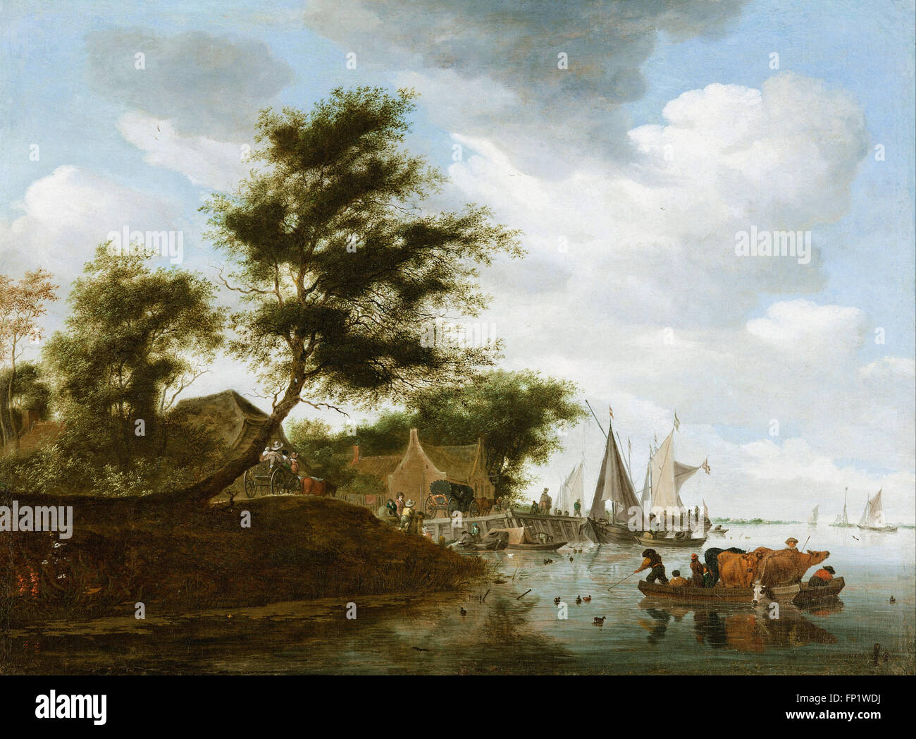 Salomon van Ruysdael - River landscape with ferry Stock Photo