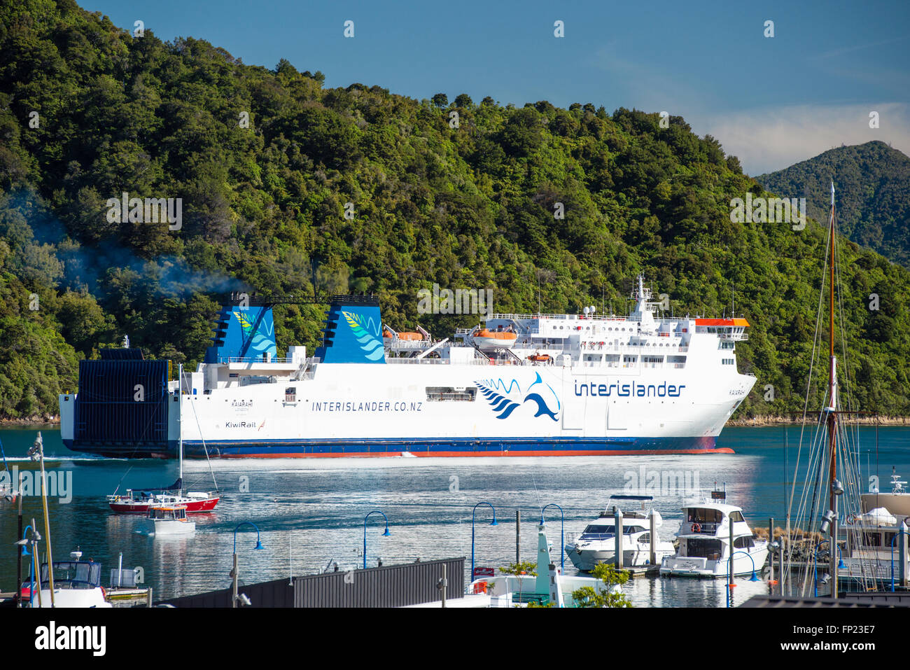 PICTON, NEW ZEALAND - DEC 14, 2015: Interisander's Cook Strait ferry departs from Picton Port. Stock Photo