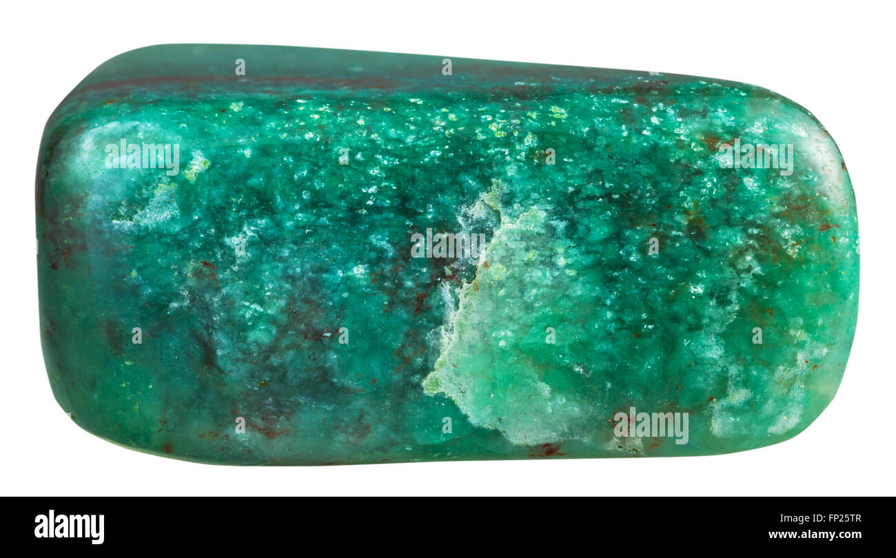 macro shooting of natural gemstone - tumbled fuchsite (chrome mica) in green quartzite mineral gem stone isolated on white backg Stock Photo