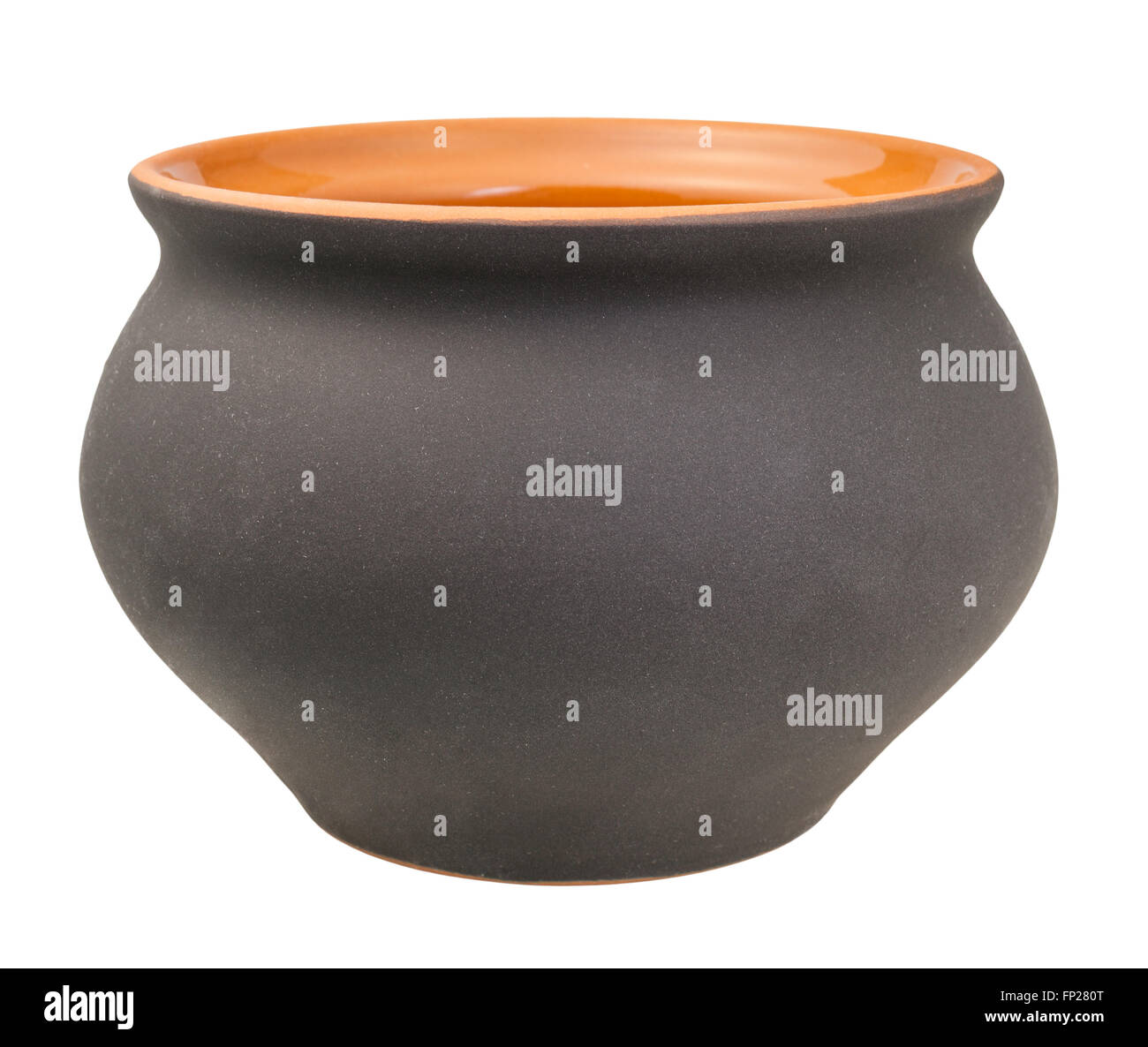 profile view of open ceramic pot from black unglazed clay isolated on
