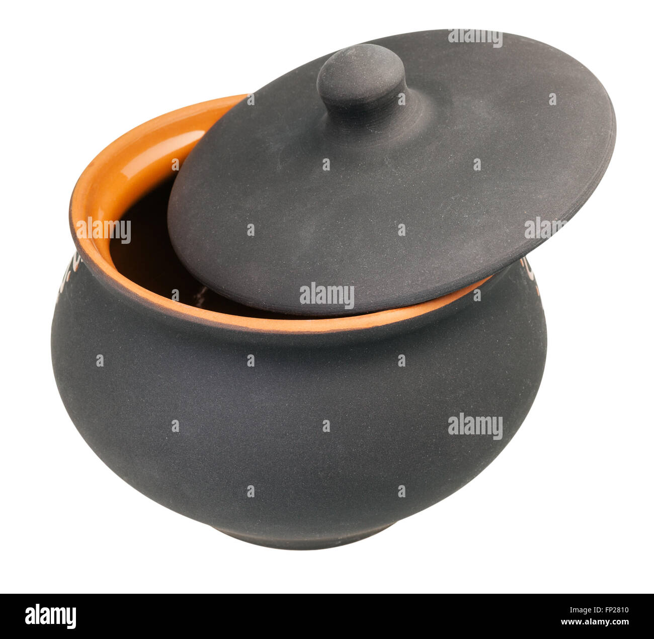 ceramic pot from black unglazed clay with slightly open lid isolated on