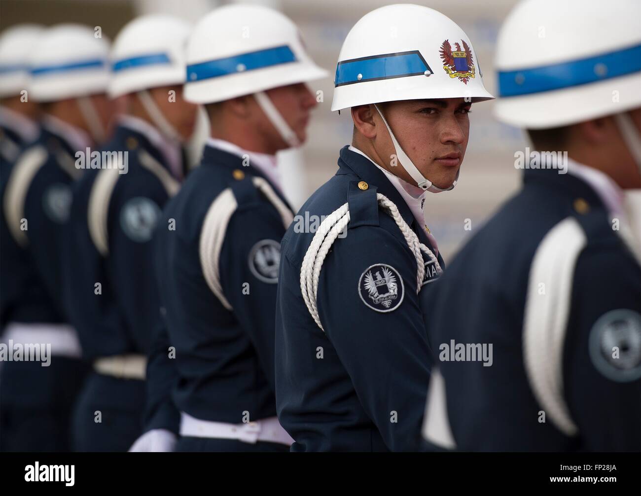 Members of the Colombian Army honor guard wait for the arrival of U.S. Chairman of the Joint Chiefs General Joseph Dunford at the Palacio de Narino March 10, 2016  in Bogota, Colombia. Stock Photo