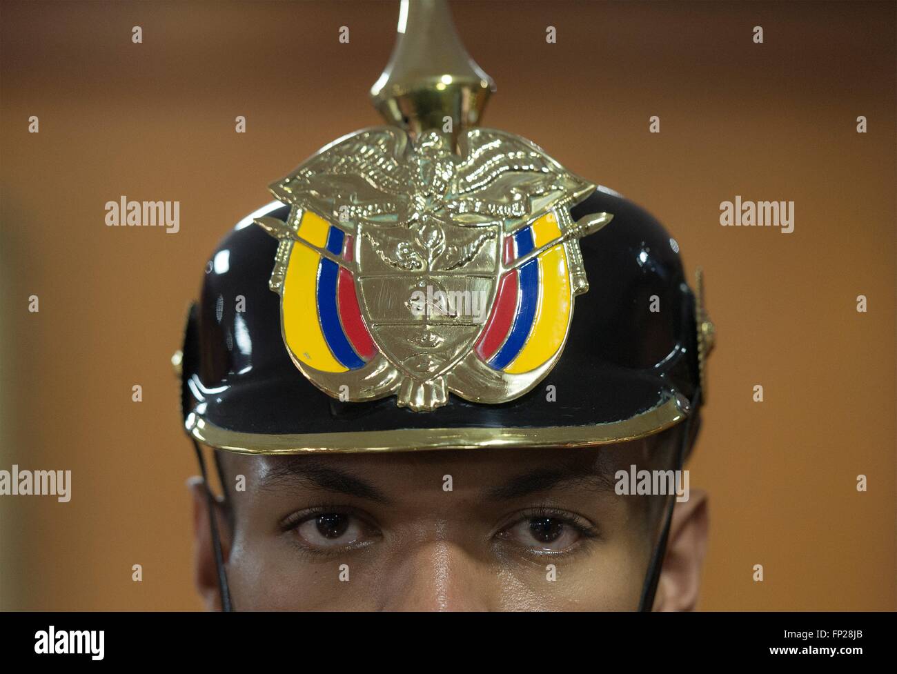 A Colombian honor guard stands at attention during the award ceremony for  U.S. Chairman of the Joint Chiefs General Joseph Dunford at the  Headquarters of the Military Forces March 10, 2016 in