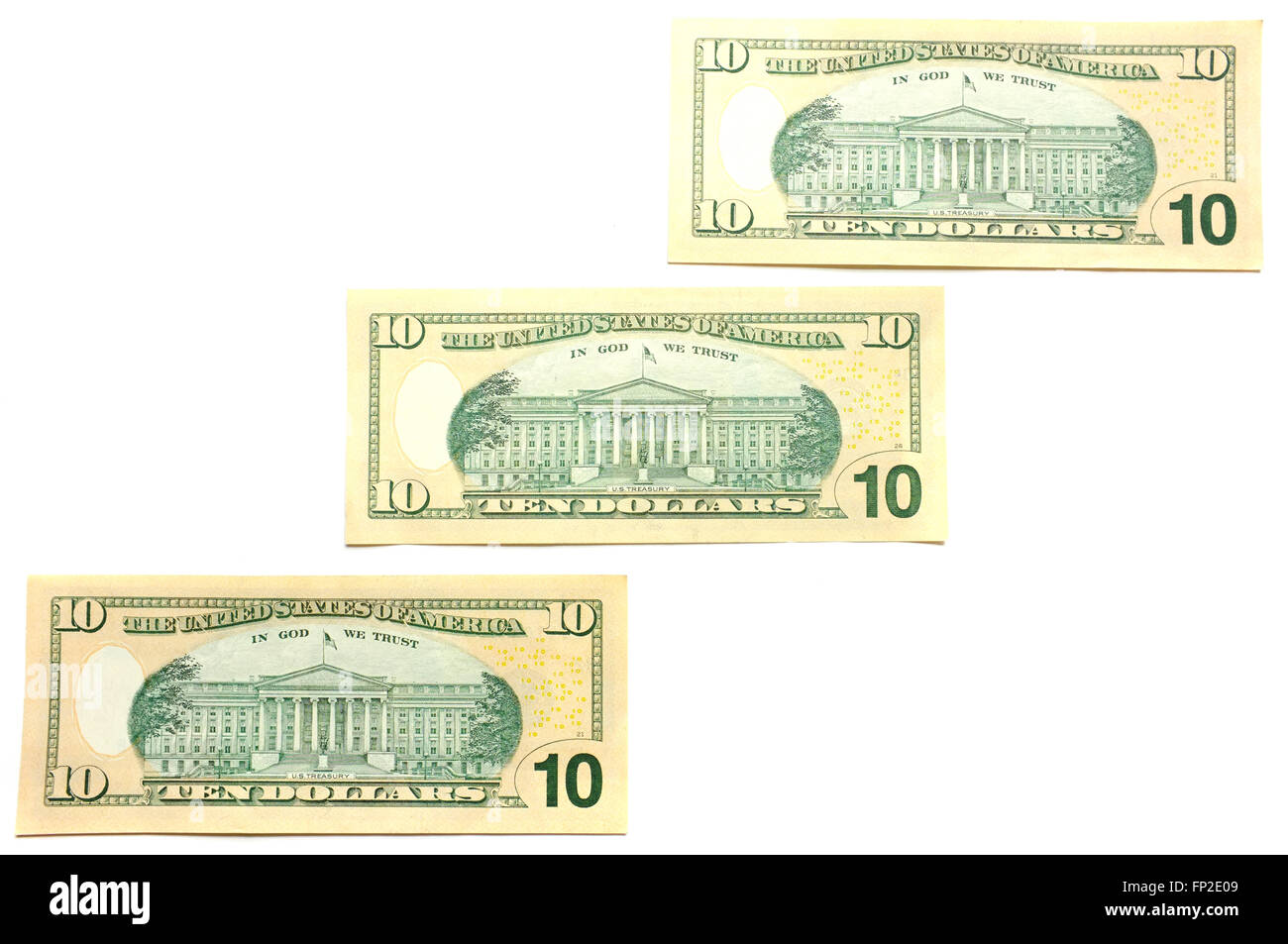 Three American $10 notes photographed against a white background Stock Photo