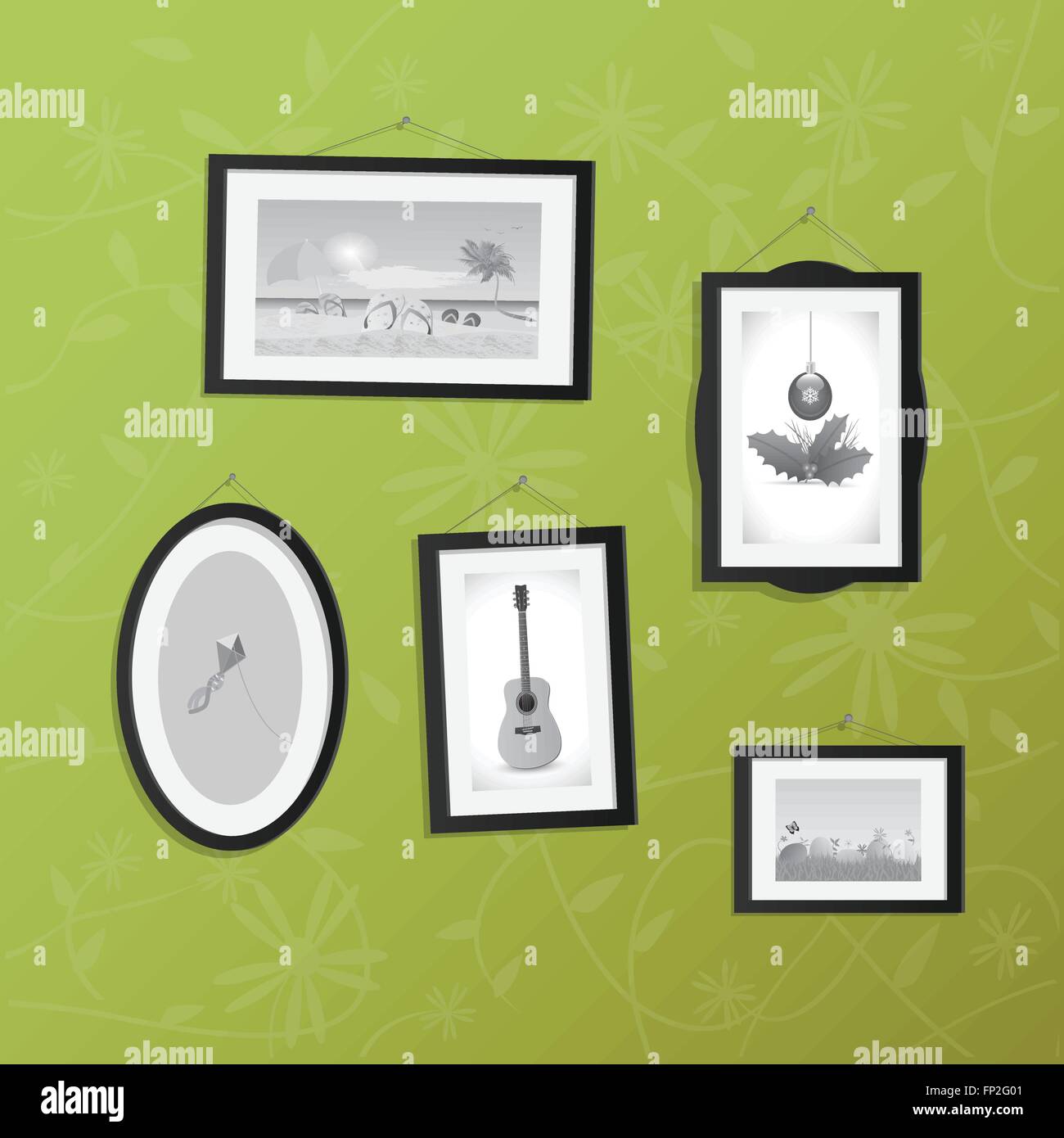 Illustration of hanging frames with pictures on a colorful background. Stock Vector