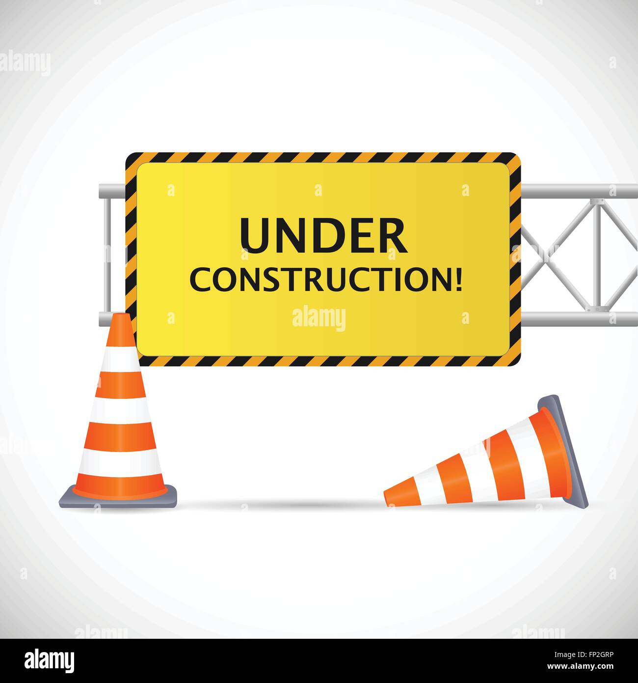 Illustration of an Under Construction sign with safety cones isolated on a white background. Stock Vector