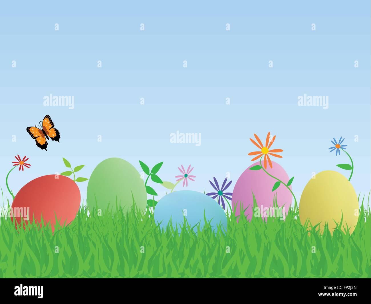Illustration of easter eggs on grass with a blue sky background Stock ...