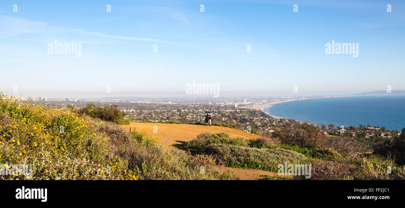 Wildflowers bloom at overlook with ocean view reached via the Los Leones Trail (also called Los Liones) in Topanga State Park Stock Photo