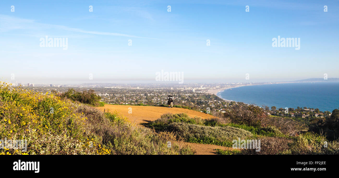 Wildflowers bloom at overlook with ocean view reached via the Los Leones Trail (also called Los Liones) in Topanga State Park Stock Photo