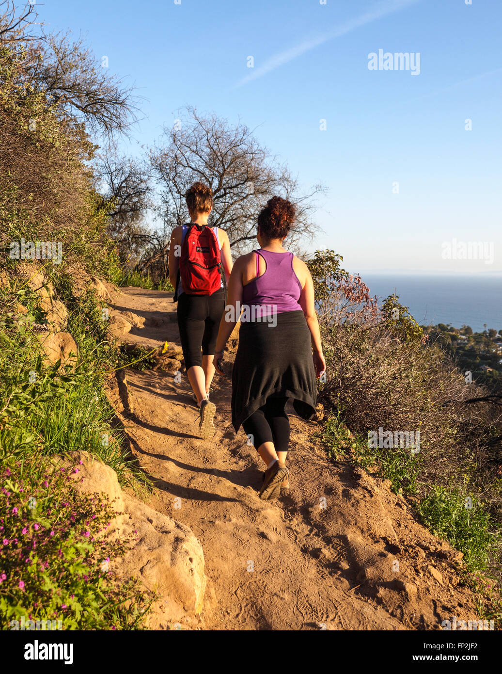 Golden Light Illuminates Hikers On The Los Leones Trail Also Called Los Liones In Topanga State Park Which Has Ocean View Stock Photo Alamy